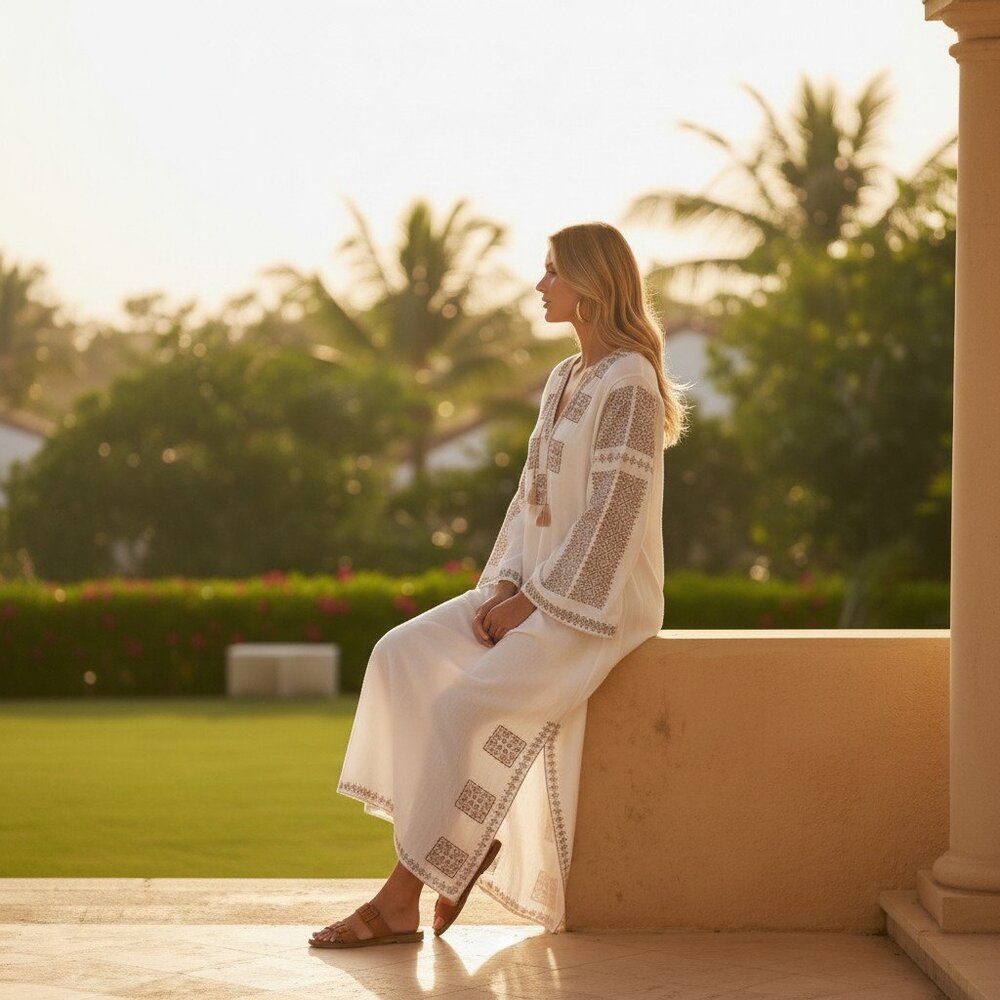 Tuckernuck x India Hicks Caftan Dress Cream Brown Print Maxi NWT Size S - Picture 2 of 14